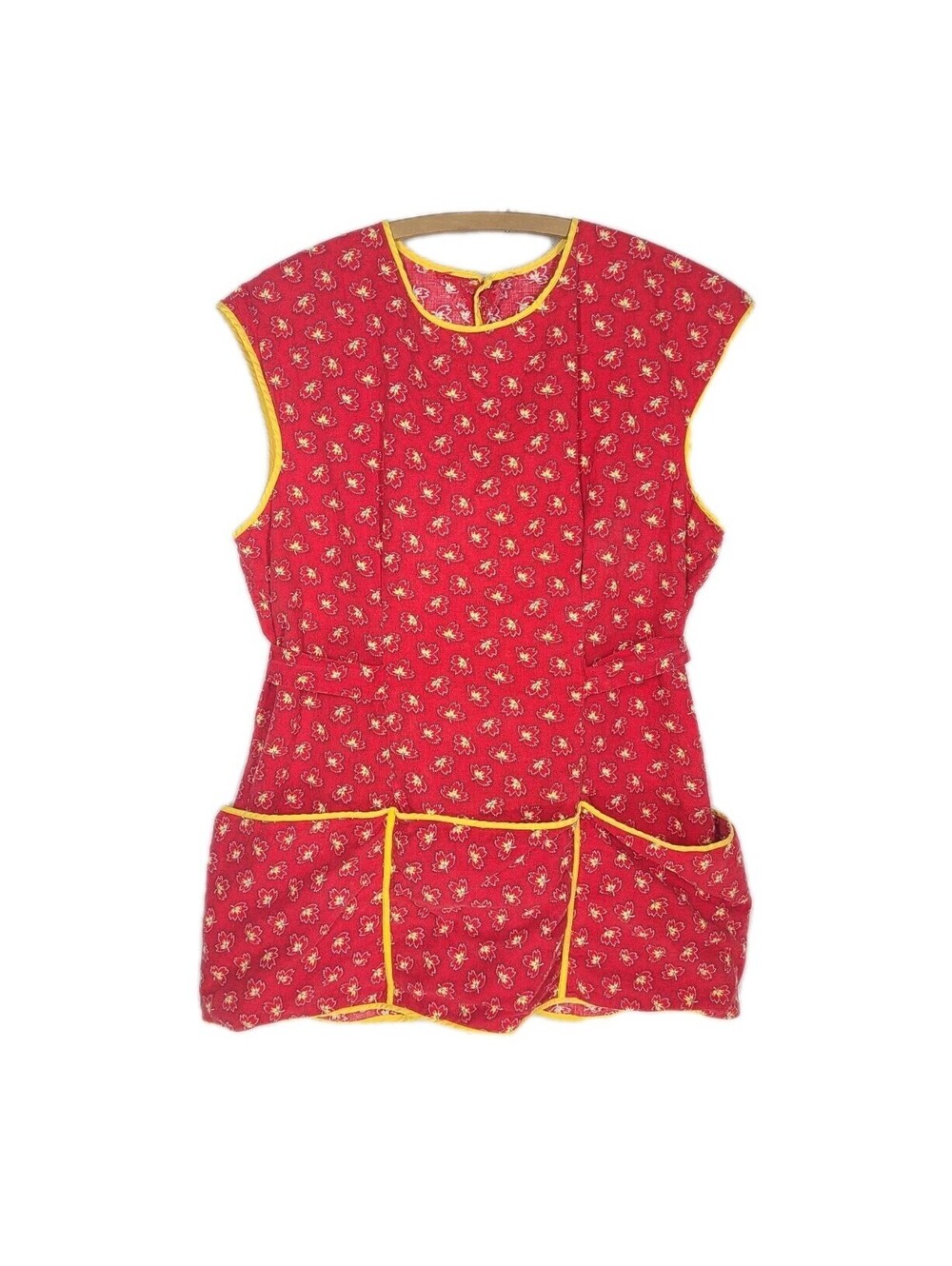 Vintage 1950s Red Tunic Smock Shirt 100% Cotton Apron Pockets Pinup Kitchen